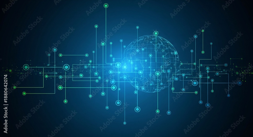 Fototapeta premium Abstract network connections with glowing globe and nodes on dark blue background