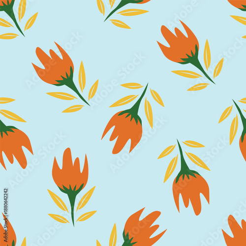 Seamless floral pattern, liberty ditsy print with cute large botany in retro folk style. Beautiful botanical design of hand drawn wild plants: flowers, leaves on black background. Vector illustration
