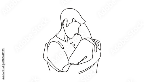 Minimalist one line drawing of couple embracing in love hug day