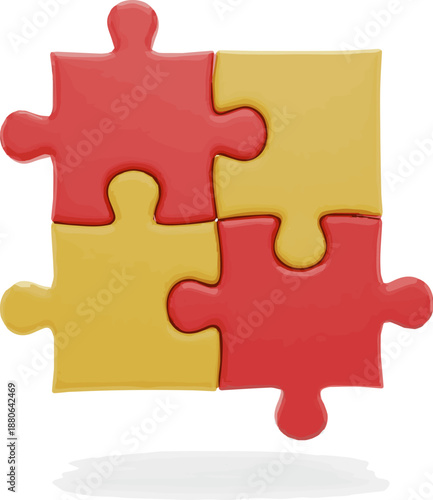 Create a realistic Four connected red and yellow puzzle pieces 3d rendering vector art with white background..
