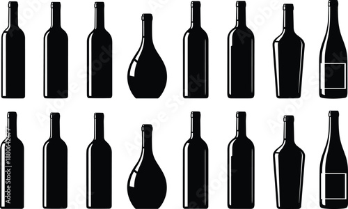 Set of black wine bottle silhouettes in different shapes, modern flat vector illustration for packaging, branding, bar, menu, label designs.