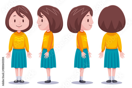 Cartoon-style girl character shown from front, side, and back views for animation or modeling.