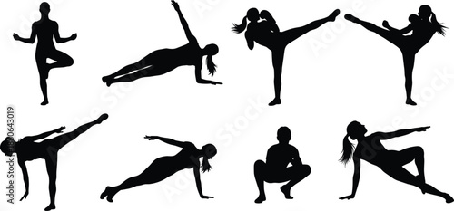 Female fitness workout silhouette set featuring yoga poses, martial arts kicks, balance training exercises, modern healthy lifestyle vector collection
