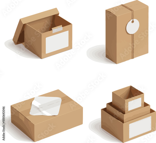 Create a kinds of deferent realistic Craft Paper Box For Branding With Blank Paper Label - 3d rendering Packaging Mockup vector art with white background.