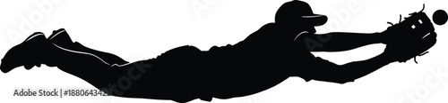 A dynamic silhouette of a baseball player diving horizontally through the air to make a difficult catch