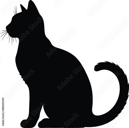A black cat silhouette sitting gracefully in profile against a clean white background
