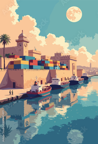 port Carthage Tunisia rebuilt holographic ancient walls mixing modern shipping containers Surreal history Flat