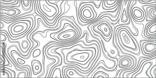 Black and white abstract topographic map pattern with bold contour lines creating a dense, irregular, and organic texture on a clean white background, suitable for graphic design and conceptual art