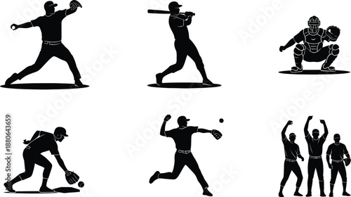A collection of black silhouettes depicting various baseball player actions during a game