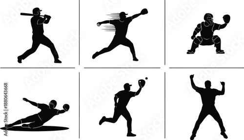 Silhouettes illustrating various actions of baseball players including batting, pitching, and fielding