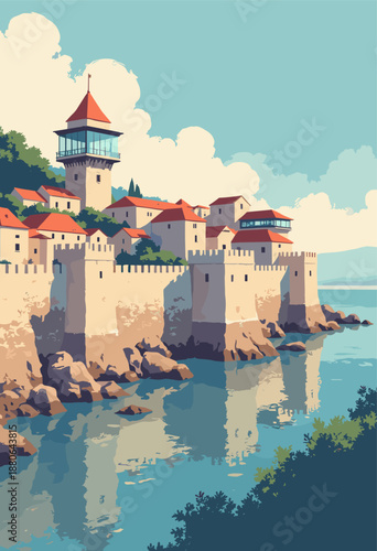 Dubrovnik old city walls fortified modern glass observation decks Medieval Modern concept Flat