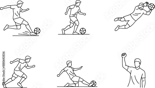 A collection of line art illustrations depicting various actions of soccer players in a match.