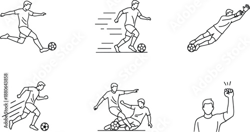 A collection of various soccer game actions and player movements in line art style