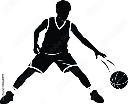 A dynamic silhouette illustration of a male basketball player performing a dribble move