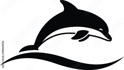 A stylized black silhouette of a playful dolphin jumping over a wave