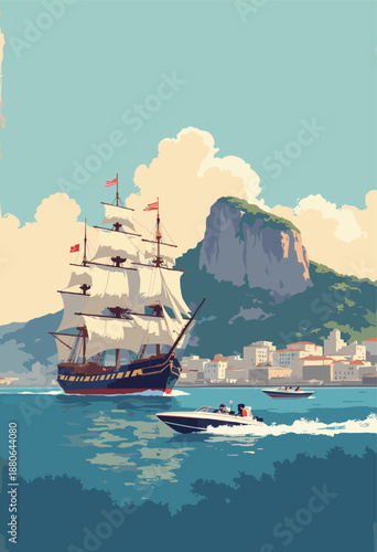 Rock Gibraltar showing 18thcentury sailing frigates battling modern speedboats harbor Time clash Flat