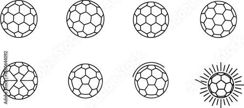A collection of eight black and white line art variations of a soccer ball icon