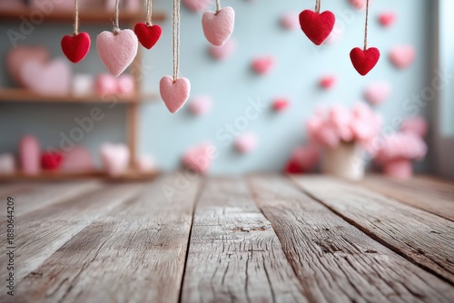Hanging knitted hearts on a wooden floor create a warm Valentine's Day scene for romance and cozy home decor