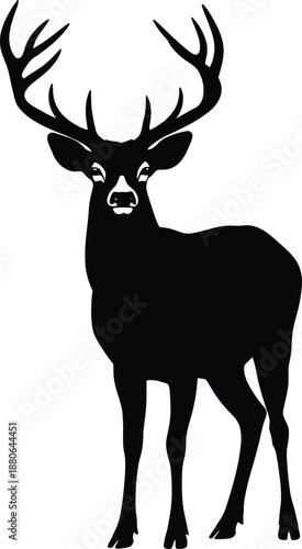 A minimalist black silhouette of a buck with prominent antlers on a white background