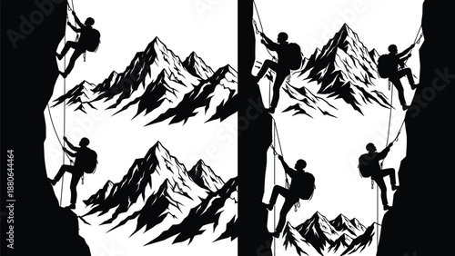 Mountain climber silhouettes set showing rock climbing adventure with alpine peaks isolated on white outdoor sport vector illustration