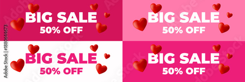 Horizontal sale banner with text, 3d heart on pink background for Valentines day, up to 50% off promotion, modern shopping advertisement template. Vector EPS10