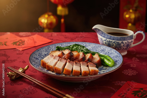 Wallpaper Mural Cantonese Roasted Pork Belly & Char Siu with Chinese New Year Decor Torontodigital.ca
