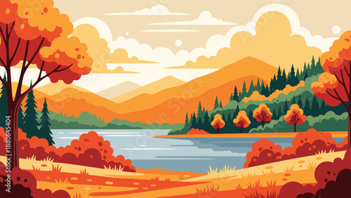 Autumnal Landscape Vector Illustration - Scenic Mountain and Lake Vista with Vibrant Fall Foliage and Clouds