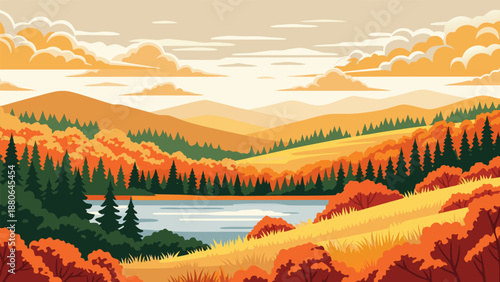 Autumn landscape vector illustration featuring rolling hills, vibrant trees, and a serene lake under a cloudy sky