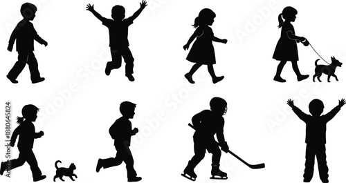 Children silhouettes set showing kids playing running walking dog and hockey activities isolated on white vector illustration design