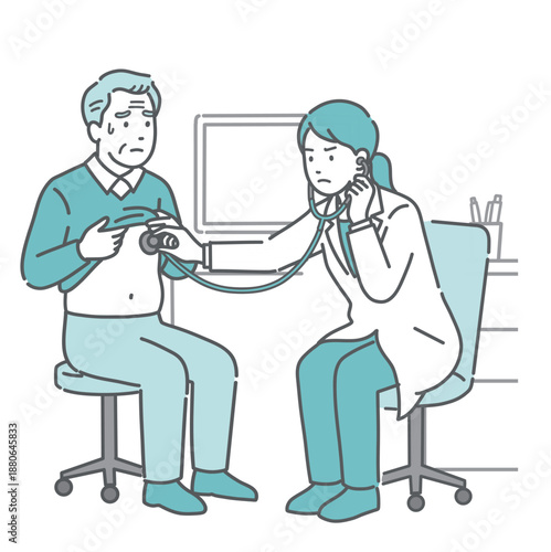 聴診を受ける冷や汗をかいた高齢男性と深刻な表情の白衣の女性医師のイラスト