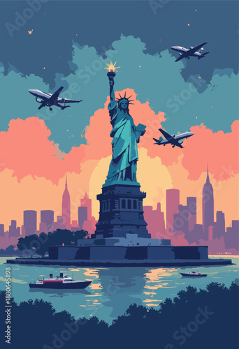 New York City harbor featuring Statue Liberty holding neon torch, surrounded 1920s steamships modern jets Flat