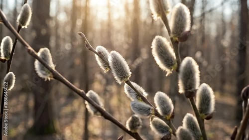 Close-up of fluffy pussy willow branches in spring forest with warm backlit sunlight and bokeh