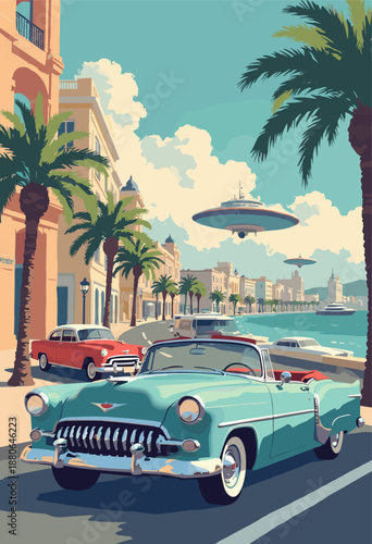 Havana Malecn waterfront mixing 1950s classic cars futuristic floating casinos Retro Future Flat