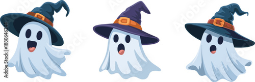 Cute Halloween ghost characters, cartoon spirits wearing witch hats, funny spooky illustration set, festive autumn holiday design, isolated
