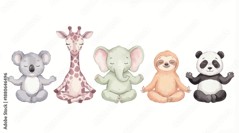 Fototapeta premium Watercolor illustration of cute koala, giraffe, elephant, sloth and panda sitting in meditation pose, concept for kids yoga poster, nursery decor and mindfulness education