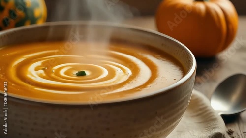 Ultra realistic close up of hot pumpkin cream soup swirling slowly inside a matte ceramic bowl thick creamy texture glowing under warm soft light 