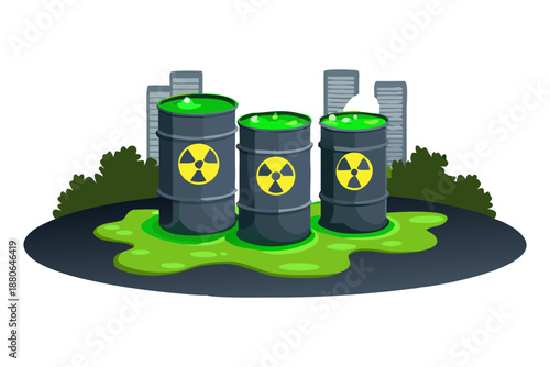 Radioactive Waste Barrels Illustration, Nuclear Hazard and Environmental Pollution Concept. Chemical waste discharge from the pipe toxic flat color vector illustration template design.