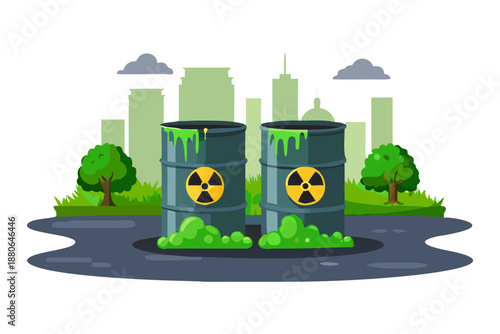 Radioactive Waste Barrels Illustration, Nuclear Hazard and Environmental Pollution Concept. Chemical waste discharge from the pipe toxic flat color vector illustration template design.