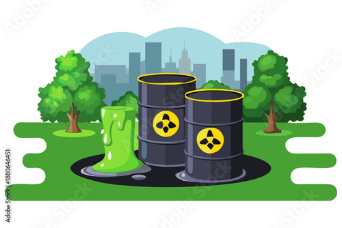 Radioactive Waste Barrels Illustration, Nuclear Hazard and Environmental Pollution Concept. Chemical waste discharge from the pipe toxic flat color vector illustration template design.