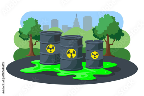 Radioactive Waste Barrels Illustration, Nuclear Hazard and Environmental Pollution Concept. Chemical waste discharge from the pipe toxic flat color vector illustration template design.