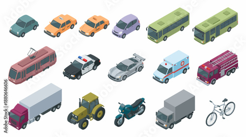 Isometric collection of various transport vehicles: cars, bus, taxi, truck, ambulance and bike, concept for urban infrastructure, traffic simulation and logistics design