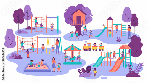 Flat vector illustration of children playing on various park equipment including swings, slides, climbing nets and a colorful treehouse, concept for educational materials and child development