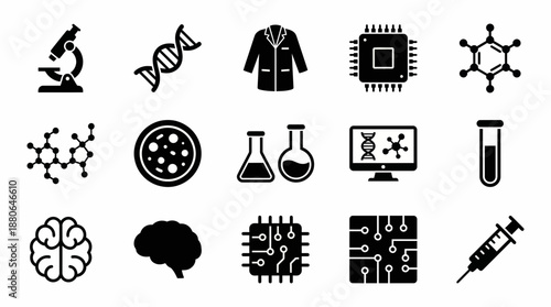 Collection of glyph icons showing biology, chemistry and tech elements including DNA, microscope, lab coat and microchips, concept for medical research, digital computing and science education