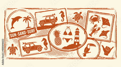 Grunge beach stamp collage with dolphin, jeep, lighthouse, bikini and marine animals in warm brown monochrome, concept for summer posters, resort advertising and tourism promotion