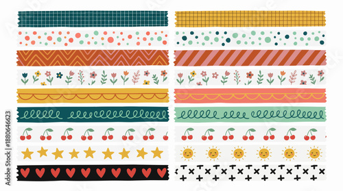 Decorative set of Washi tapes with various cute hand-drawn patterns like florals, grids, hearts and cherries, concept for scrapbooking, digital journaling and packaging design
