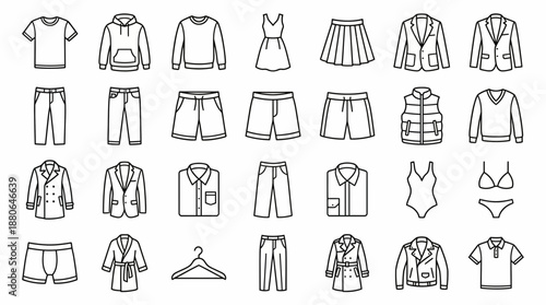 Detailed outline icon set showing various apparel including tops, bottoms, suits, dresses and coats, concept for online shop branding, retail marketing and garment manufacturing illustration
