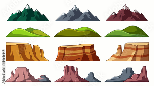 Set of cartoon landscape elements including snowy mountains, green hills and desert mesas isolated on white, concept for video game assets, mobile app design and education