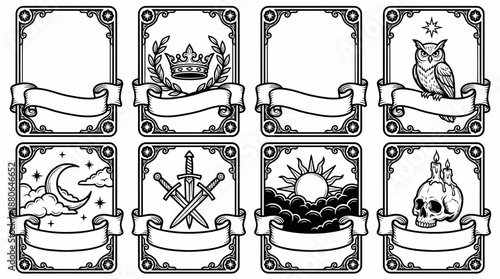 Eight vintage tarot card style frames illustration featuring celestial, occult and mythological symbols with ribbon banners, concept for game design, mystical branding and esoteric advertising