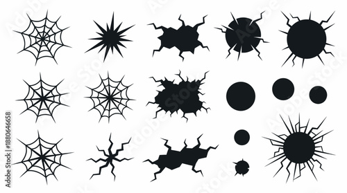 Various set of graphic vector elements showing cracks, holes, bullet marks, spiderwebs and impact silhouettes, concept for Halloween decoration, damage effects and warning signs