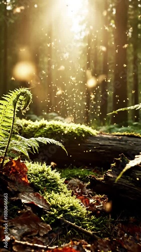 Enchanted Forest Spore Shower A wide, atmospheric shot of a dense forest where spores drift visibly in the air, creating a magical, ethereal feel.